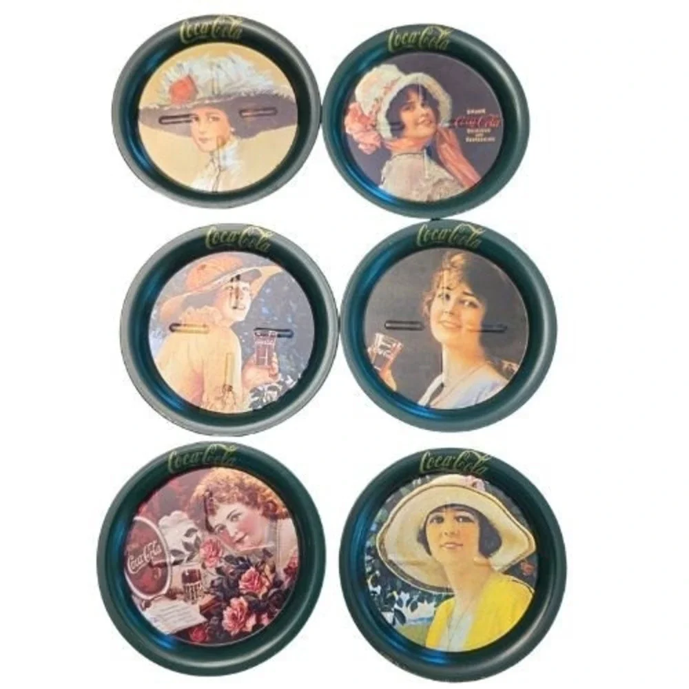 Vintage 1983 Coca-Cola Metal Tin Coaster Set of 6 Victorian Women Ohio Art Green